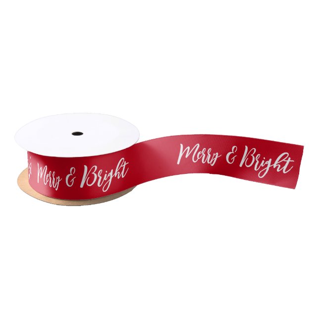 Merry and Bright red script Christmas ribbon Satin Ribbon (Spool)