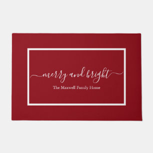 Merry and bright red script family name  doormat