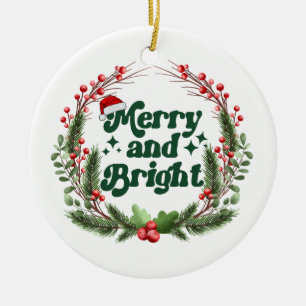 Merry and Bright Red White Green Cute Christmas  Ceramic Tree Decoration