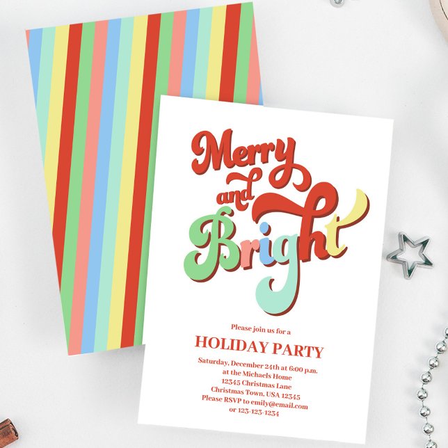 Merry and Bright Retro Christmas Party Invitation (Merry and Bright retro style typography script. )