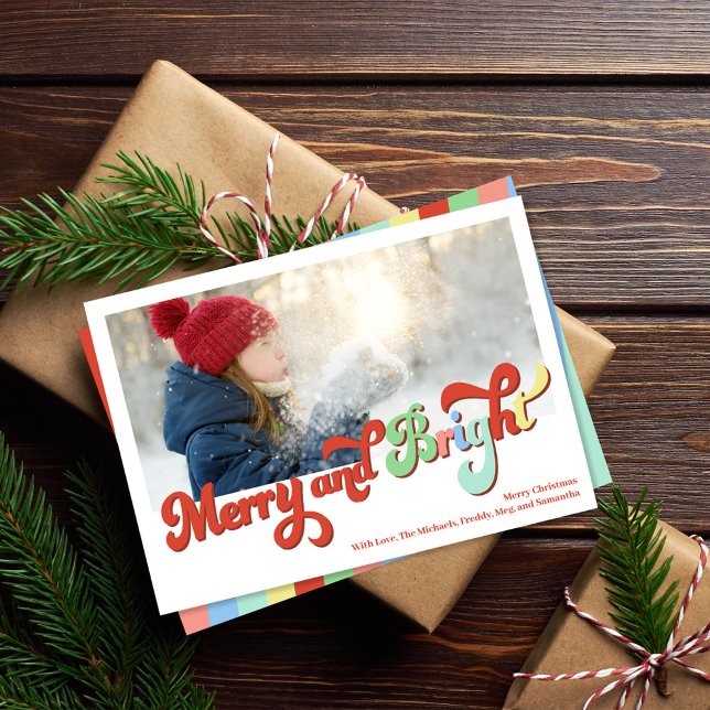 Merry and Bright Retro Christmas Photo Holiday Card (Merry and Bright holiday photo card. With colorful retro typography. )