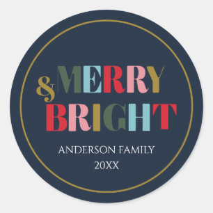 Merry and Bright Retro Colourful Family Ceramic  Classic Round Sticker