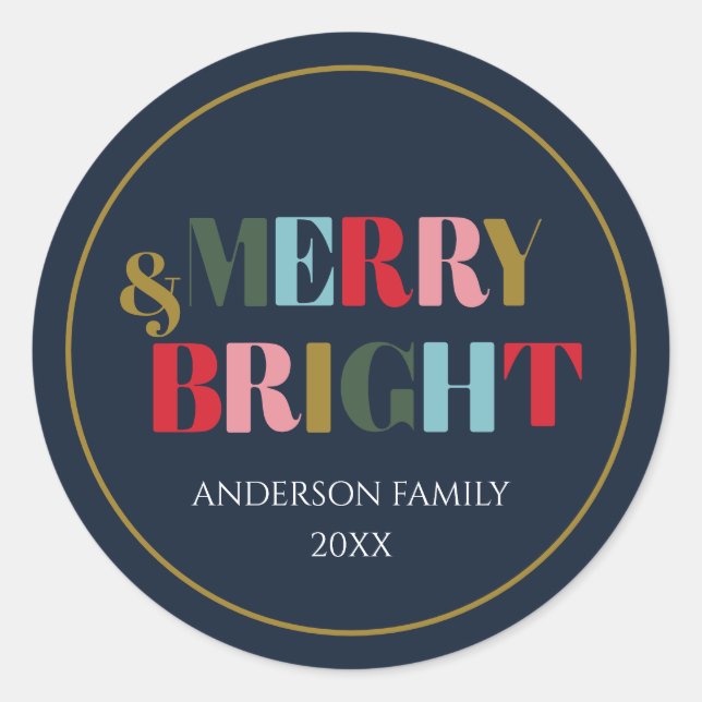Merry and Bright Retro Colourful Family Ceramic  Classic Round Sticker (Front)