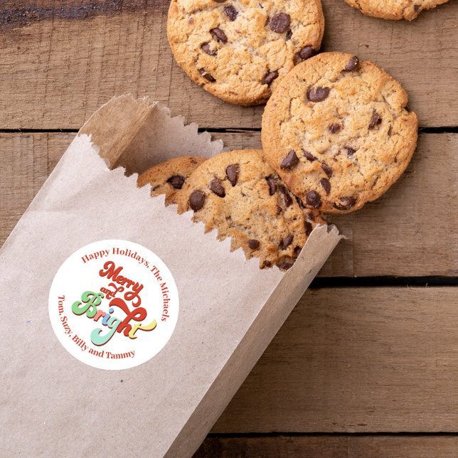 Merry and Bright Retro Holiday Personalised Classic Round Sticker (Merry and Bright custom personalized gift stickers. )