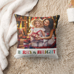 Merry and Bright Retro white Family Photo Ceramic Cushion