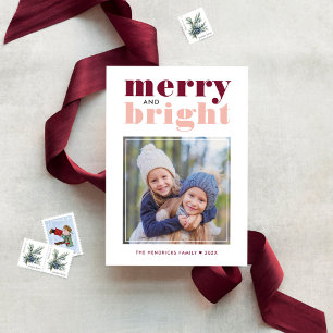 Merry and Bright Rose Gold and Wine Red Photo Holiday Card