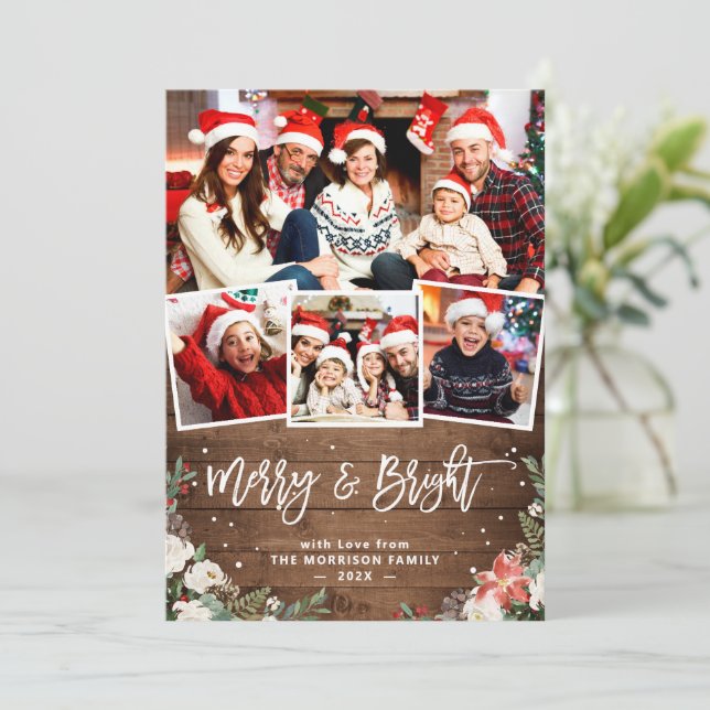 Merry and Bright Rustic Floral 4 Photo Christmas Holiday Card (Standing Front)