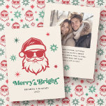 Merry and bright Santa in sunglasses retro stars Holiday Card<br><div class="desc">Christmas holiday photo greeting card featuring a cool Santa wearing sunglasses and the text "Merry and Bright" in a fun,  retro font. Red and green shades on a light cream background. Custom photo and message on the back. Colours can be customised in the design tool.</div>