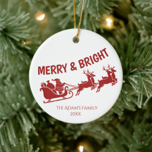 Merry and Bright Santa Sleigh Christmas Photo  Ceramic Tree Decoration