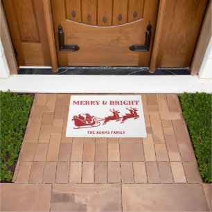 Merry and Bright Santa Sleigh Reindeer  Doormat