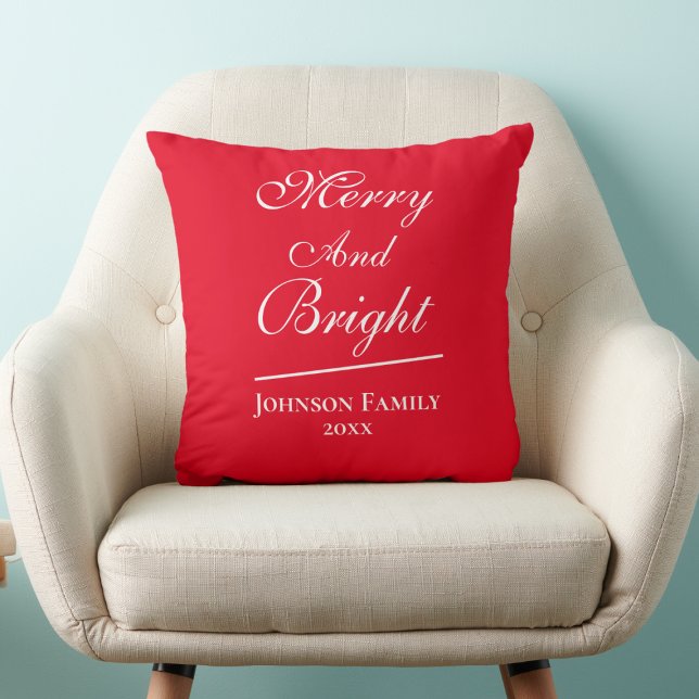Merry And Bright Script Chic Red Christmas  Cushion ("Merry And Bright' cheerful chic red Christmas throw pillow.)