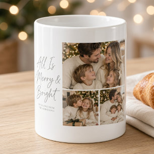 Merry and Bright Script Christmas Three Photo Coffee Mug