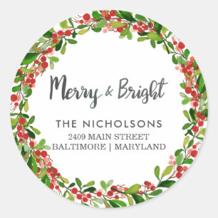 Merry And Bright Script Holiday Return Address Classic Round Sticker
