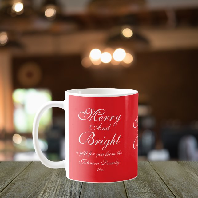  Merry And Bright Script Name Chic Red Christmas  Coffee Mug (Customizable "Merry And Bright', cheerful, chic red Christmas mug.)