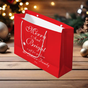 Merry And Bright Script Name Chic Red Christmas Large Gift Bag
