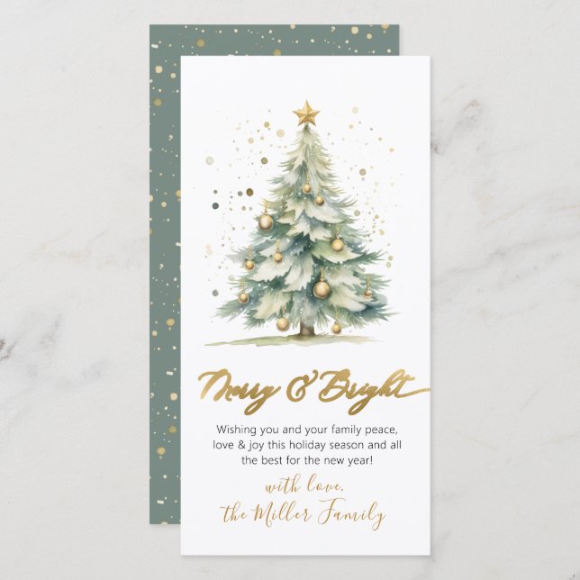 Merry and Bright Script Non Photo Christmas Tree Holiday Card (Front/Back)