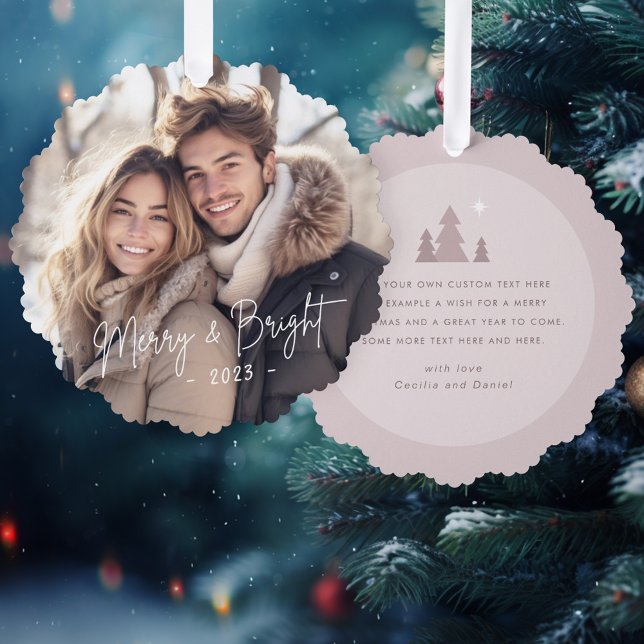 Merry and bright script photo light rose taupe tree decoration card (Merry and bright script photo light rose taupe ornament card)