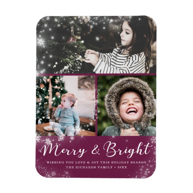 Merry and Bright Script Snow Overlay Photo Collage Magnet (Vertical)