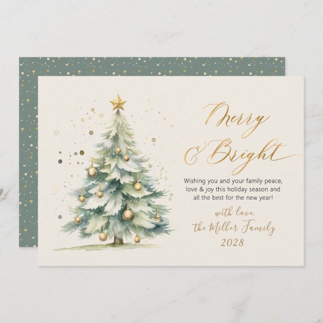 Merry and Bright Script Watercolor Christmas Tree Holiday Card (Front/Back)