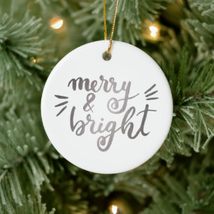 Merry and bright - silver ceramic tree decoration
