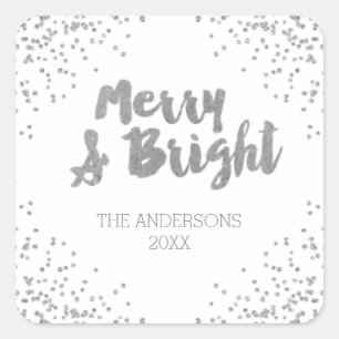 Merry and Bright silver glitter Christmas Stickers