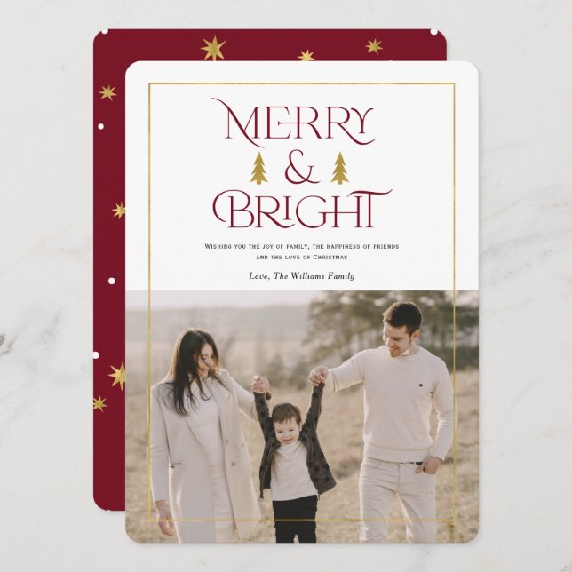 Merry and bright, simple modern red xmas photo holiday card (Front/Back)