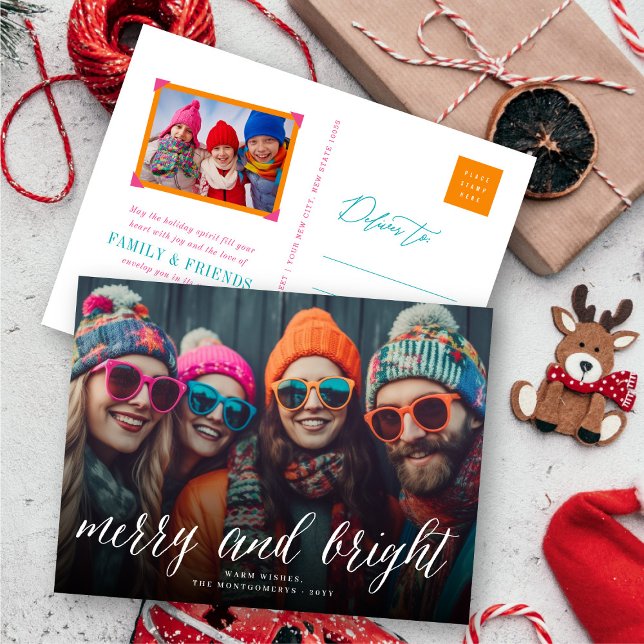 Merry and Bright Simple White Script Modern Photo Holiday Postcard (Creator Uploaded)