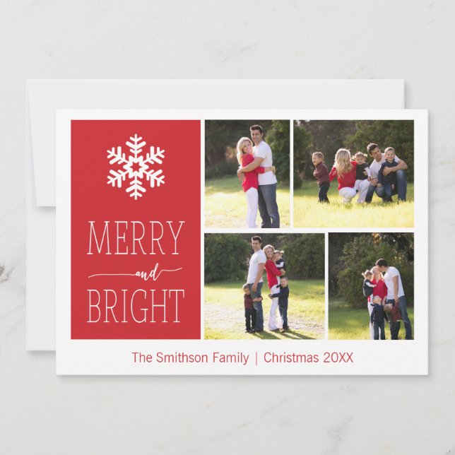 Merry and Bright Snowflake Christmas 4 Photo Card (Front)