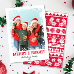 Merry and Bright Snowflakes 1 Photo Christmas Holiday Card<br><div class="desc">This Christmas design features the words 'Merry and Bright' in large red font with a space for you to add your own photo which is bordered with snowflakes. You can customise all the text including the family name and year. On the back of the design is a faux Christmas sweater...</div>