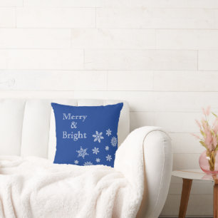 Merry and Bright Snowflakes Blue Christmas Cushion