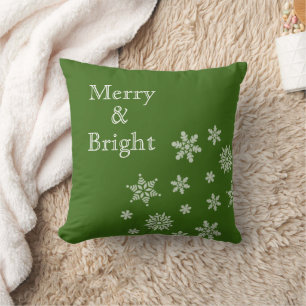 Merry and Bright Snowflakes Green Christmas   Cushion
