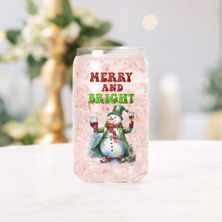 Merry and Bright Snowman Can Glass