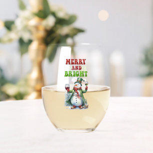 Merry and Bright Snowman  Stemless Wine Glass