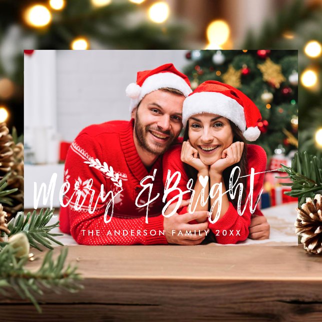 Merry And Bright Striped Modern Christmas Photo Holiday Card (Creator Uploaded)