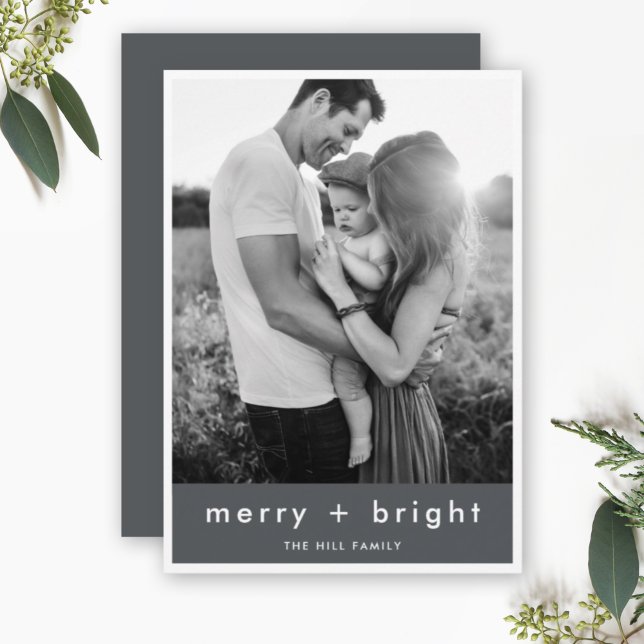Merry and Bright | Stylish Gray Christmas Photo Holiday Card (Creator Uploaded)