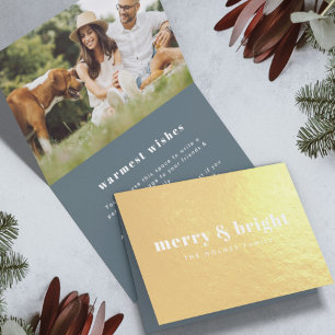Merry and Bright   Stylish Modern Photo Xmas Gold Foil Card