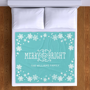 Merry and Bright Teal Blue Custom Holiday Fleece Blanket