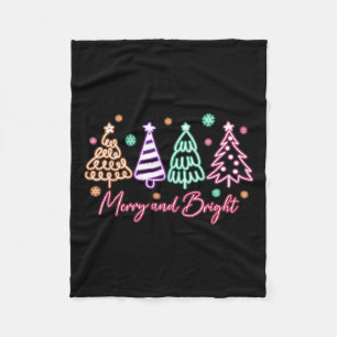 Merry And Bright Tree Neon Christmas  Fleece Blanket