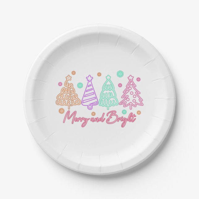 Merry and Bright Tree Neon Christmas Paper Plate (Front)