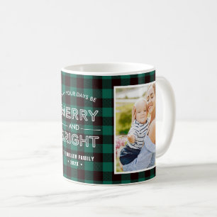 Merry and Bright Trendy Green Plaid with 2 Photos Coffee Mug