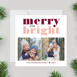 Merry and Bright   Two Photo Merlot and Blush Holiday Card