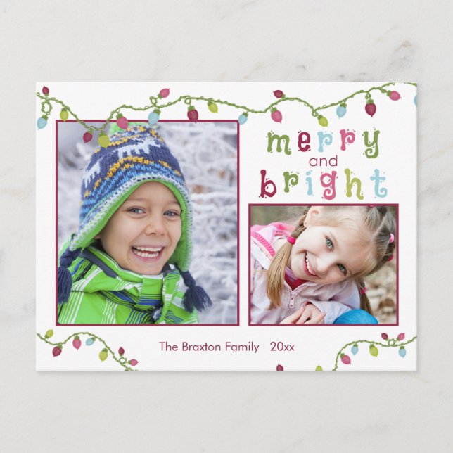 Merry and Bright, Two Photos, Multi-Colour Holiday Postcard (Front)