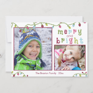 Merry and Bright, Two Photos, Pink Accent Holiday Card
