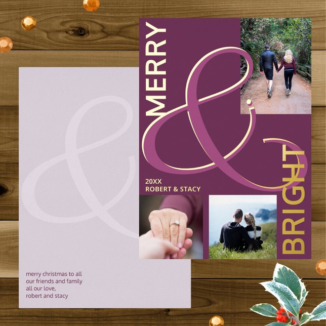 Merry And Bright Typography 3 Photo Purple Gold (Add your photo collage to these real gold foil Christmas cards using the photo template)