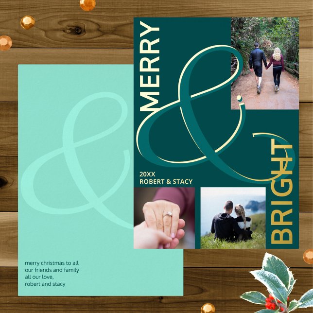 Merry And Bright Typography 3 Photo Teal Gold (Highlight your photos on these teal Christmas cards printed with real gold foil accents)