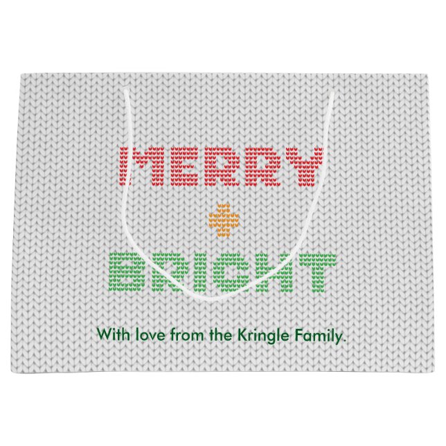 Merry And Bright Typography Christmas Sweater Large Gift Bag (Front)