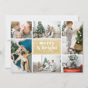 Merry and Bright Typography Glitter Photo Collage Holiday Card