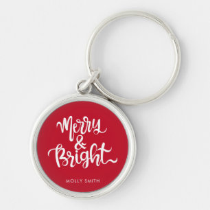 Merry and Bright Typography Script Red Key Ring