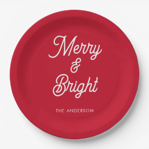 Merry and Bright Typography Script Red Paper Plate