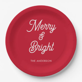 Merry and Bright Typography Script Red  Paper Plate